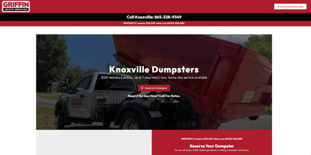 A Griffin Waste Services truck unloads a red dumpster outdoors. The website advertises Knoxville dumpster rentals, pricing, and booking options, with contact information displayed at the top.